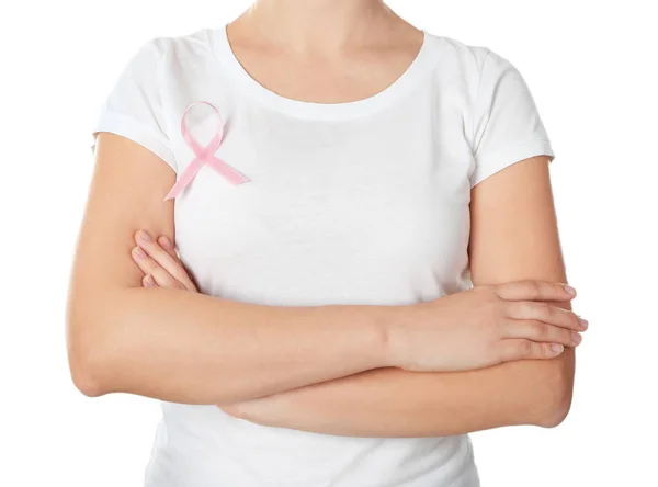 Mujer Con Cinta Rosa Camiseta Sobre Fondo Blanco Concepto Conciencia — Foto de Stock