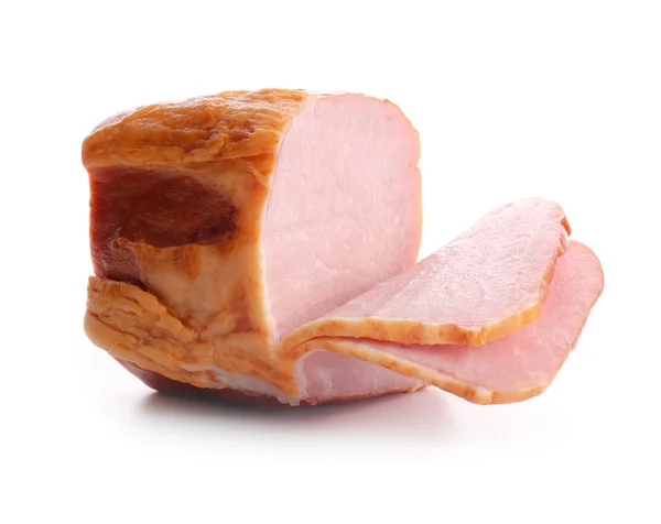 Stuk Van Smakelijke Ham Witte Achtergrond — Stockfoto