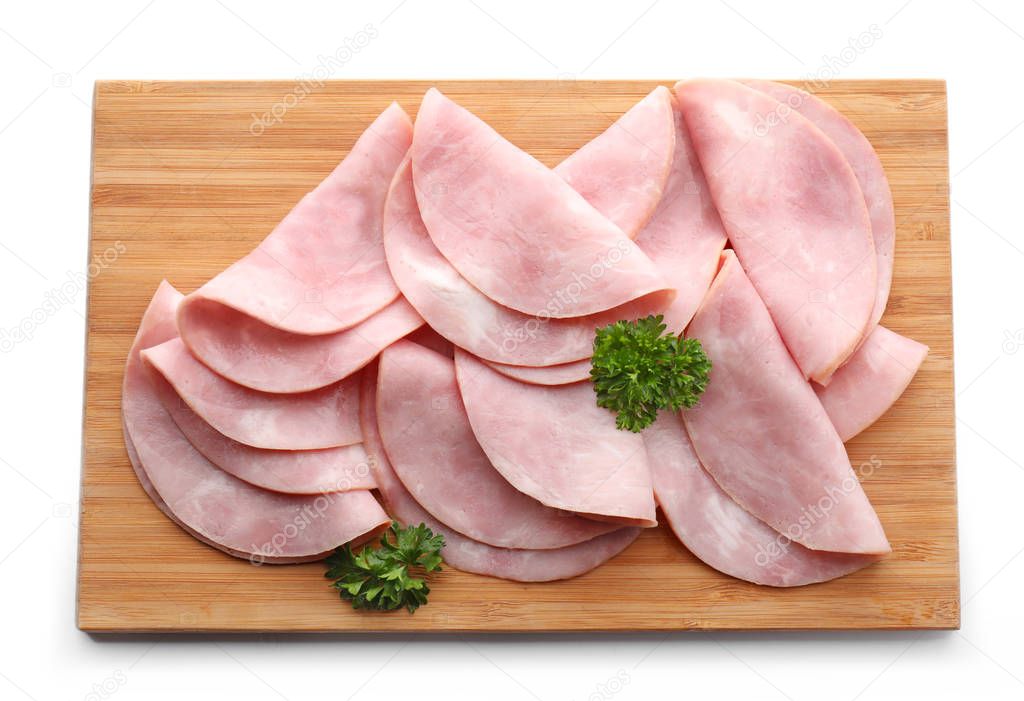 Board with delicious sliced ham on white background