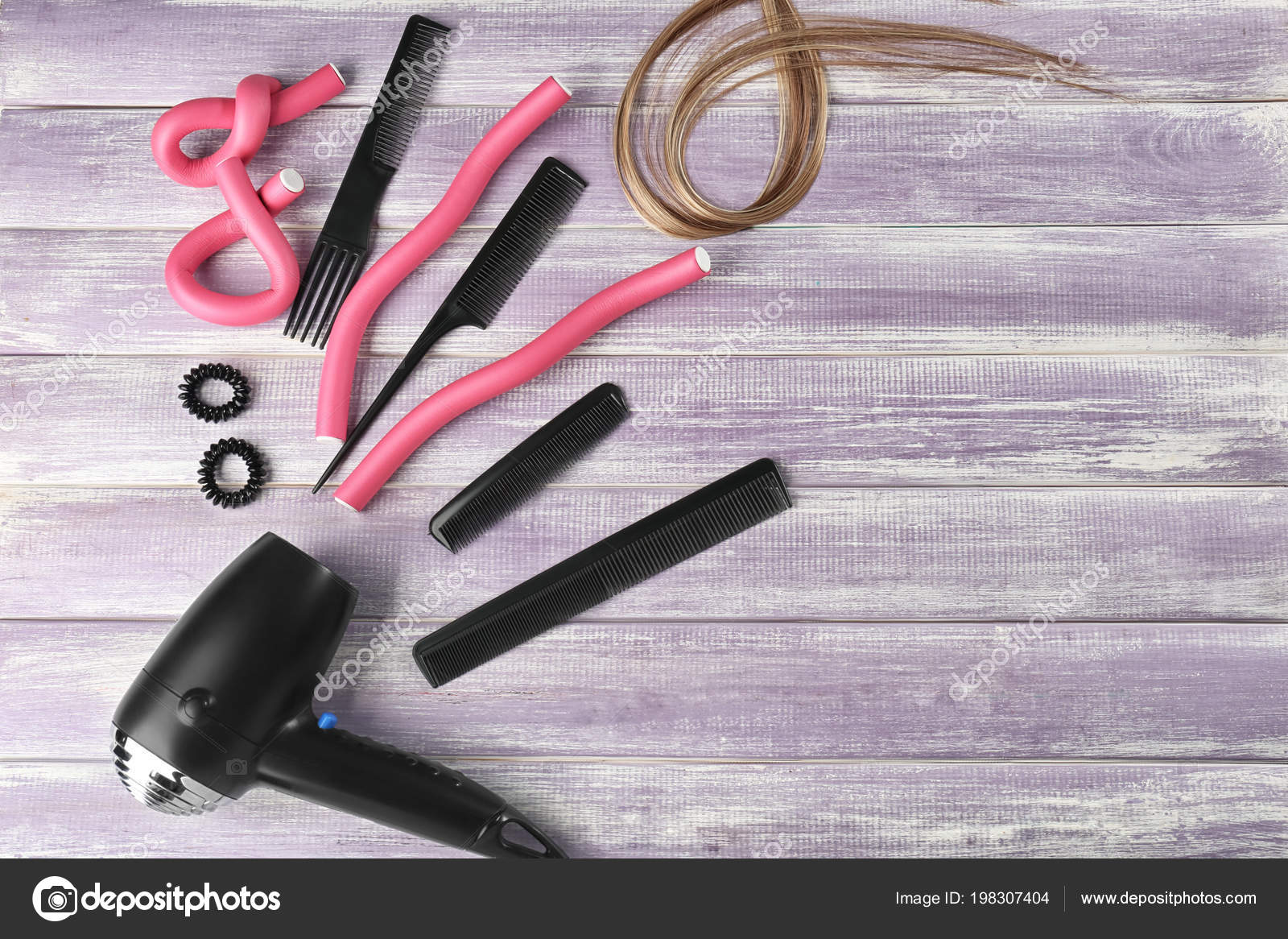 Set Hairdresser Supplies Color Wooden Background Stock Photo