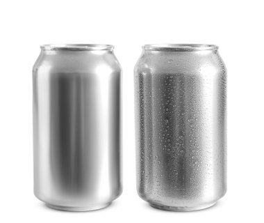 Aluminum cans of cold beer on white background clipart