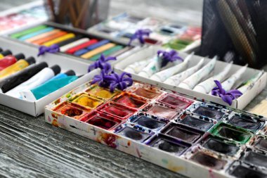 Profesyonel sanatçının masaya renk boyalar