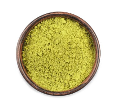 Toz matcha çay, beyaz izole kase