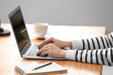 Ev ofis içinde laptop üzerinde çalışan kadın serbest meslek