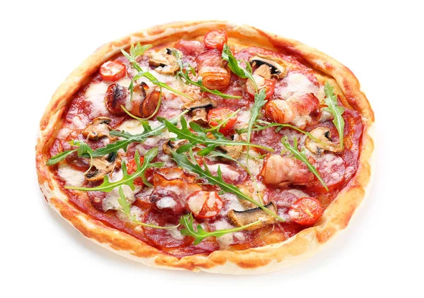 Вкусная Пицца Свежей Рукколой Белом Фоне — стоковое фото