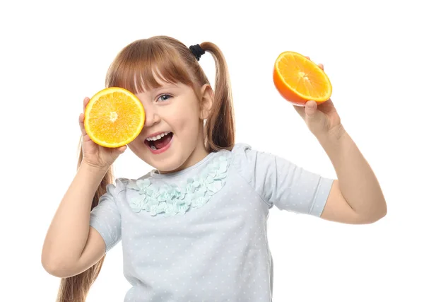 Schattig Klein Meisje Met Citrus Vruchten Witte Achtergrond — Stockfoto