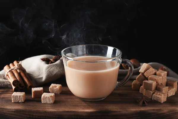 Glass Cup Aromatic Tea Milk Table Dark Background — Stock Photo, Image
