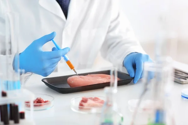 科学家与注射器检查肉样品在实验室里 — 图库照片