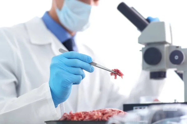 Wetenschapper Vleesvulsel Het Laboratorium Onderzoeken — Stockfoto