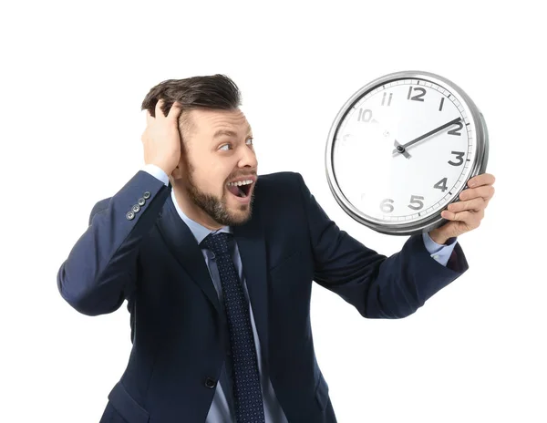 Empresário Com Relógio Sobre Fundo Branco Conceito Gestão Tempo — Fotografia de Stock