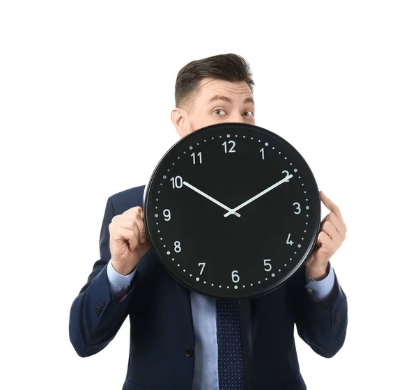 白底钟表的商人 时间管理概念 — 图库照片