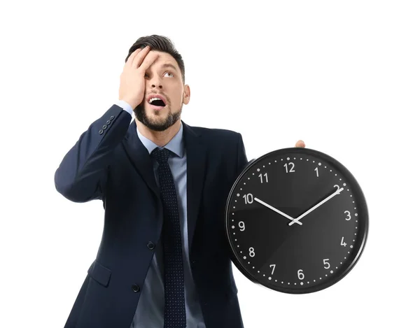 Empresario Con Reloj Sobre Fondo Blanco Concepto Gestión Del Tiempo — Foto de Stock
