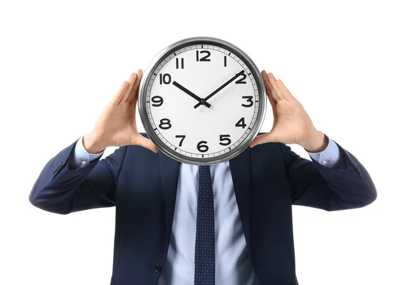 Man Gömmer Ansiktet Bakom Klockan Vit Bakgrund Time Management Koncept — Stockfoto