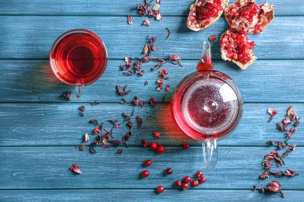 Composition Glass Cup Hot Aromatic Tea Wooden Table — Stock Photo, Image