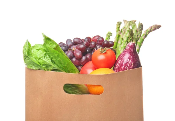Papírová Taška Čerstvého Ovoce Zeleniny Bílém Pozadí Zdravé Jídlo Koncept — Stock fotografie