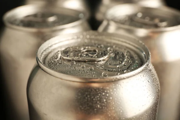 Aluminum cans of cold beer, closeup