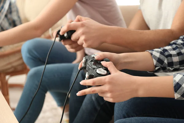 Young People Playing Video Games Home Closeup — Stock Photo, Image