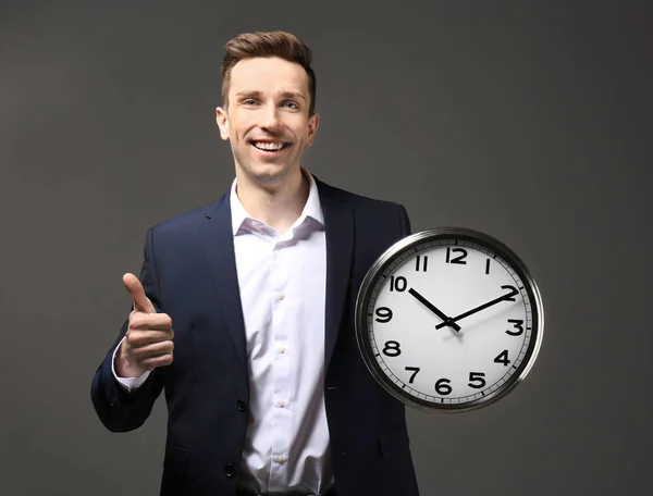 Successful Businessman Clock Dark Background Time Management Concept — Stock Photo, Image