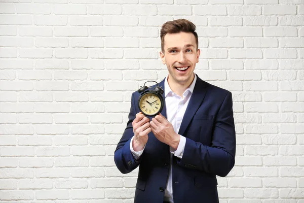 Successful Businessman Alarm Clock White Brick Wall Time Management Concept — Stock Photo, Image