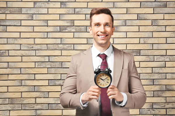 Successful Businessman Alarm Clock Brick Wall Time Management Concept — Stock Photo, Image