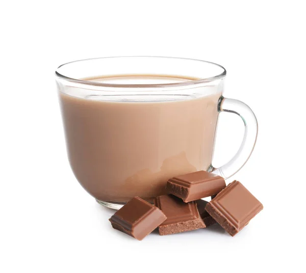 Glazen Beker Van Heerlijke Cacao Drank Met Chocolade Witte Achtergrond — Stockfoto