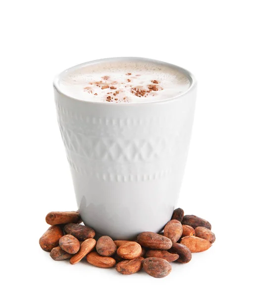 Cup Delicious Cocoa Drink Beans White Background — Stock Photo, Image