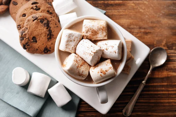 Cup Delicious Cocoa Drink Marshmallows Cookies Plate Top View — Stock Photo, Image
