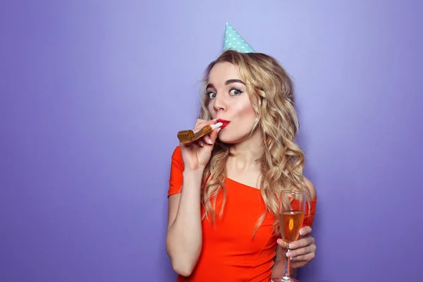 Portrait Beautiful Young Woman Party Whistle Glass Champagne Color Background — Stock Photo, Image