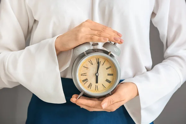 Woman Holding Alarm Clock Closeup Time Management Concept — Stock Photo, Image