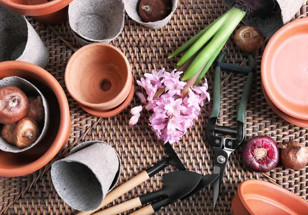 Gardening Tools Flowerpots Wicker Mat — Stock Photo, Image