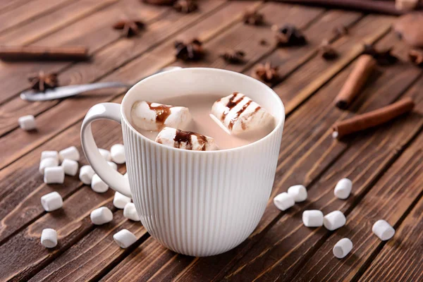 Cup Delicious Cocoa Drink Marshmallows Wooden Table — Stock Photo, Image