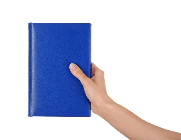 Kvinnlig Hand Som Håller Boken Med Tom Cover Vit Bakgrund — Stockfoto