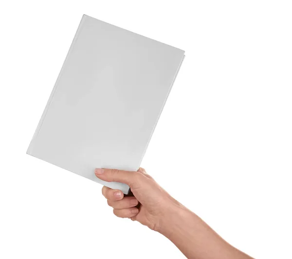 Weibliche Hand Hält Buch Mit Leerem Einband Auf Weißem Hintergrund — Stockfoto