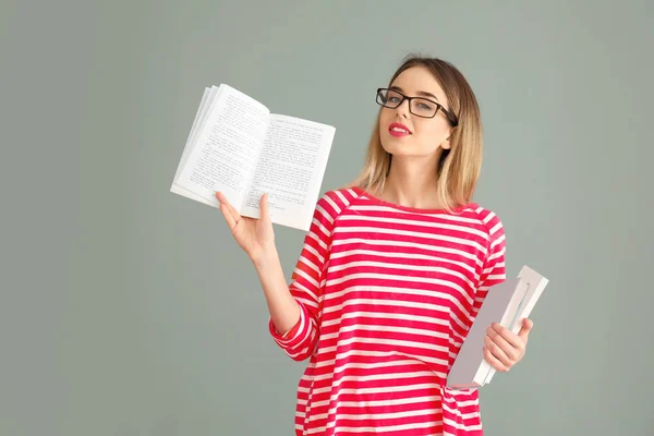 Young Woman Books Color Background — Stock Photo, Image