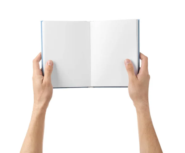 Homme Mains Tenant Livre Avec Des Pages Blanches Sur Fond — Photo