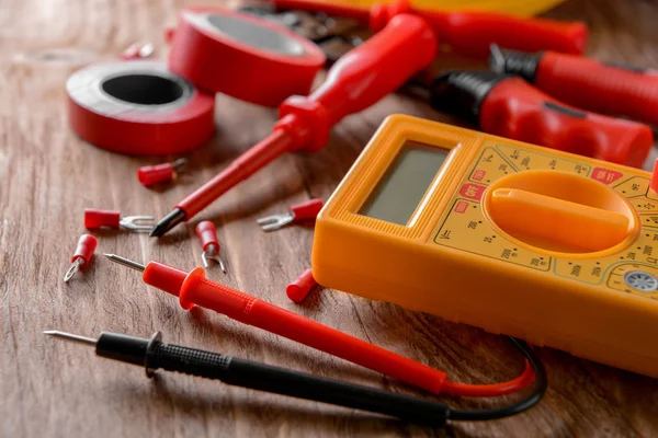 Different Electrician Supplies Table — Stock Photo, Image