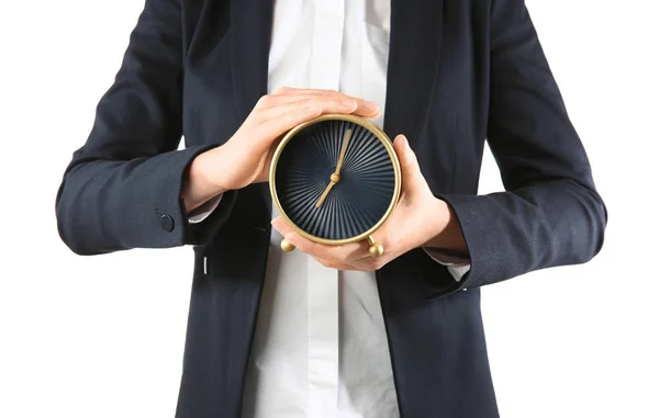 白い背景の上の時計を保持している女性 時間管理の概念 — ストック写真