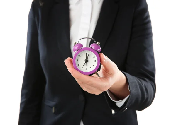 Woman Holding Alarm Clock White Background Time Management Concept — Stock Photo, Image