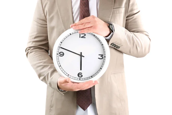 Man Holding Clock White Background Time Management Concept — Stock Photo, Image