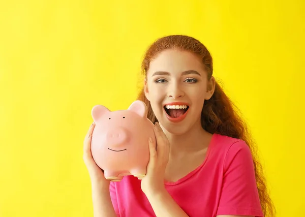 Young Woman Holding Piggy Bank Color Background Money Savings Concept — Stock Photo, Image
