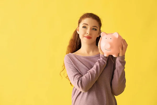 Young Woman Holding Piggy Bank Color Background Money Savings Concept — Stock Photo, Image