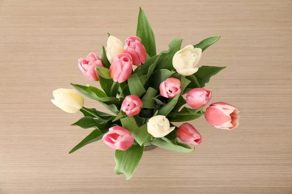 Beautiful Bouquet Tulips Wooden Background — Stock Photo, Image