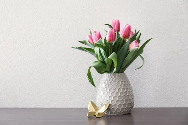 Vase Beautiful Tulips Wooden Table — Stock Photo, Image