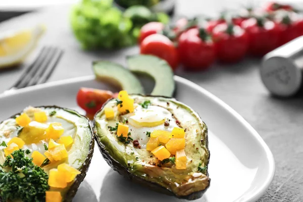 Baked Avocado Eggs Plate Closeup — Stock Photo, Image