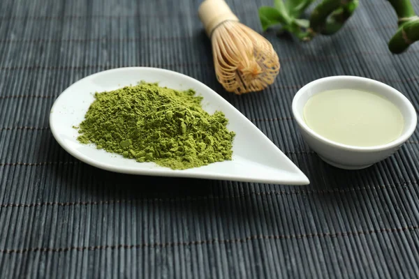 Bowl Matcha Tea Plate Powder Bamboo Mat — Stock Photo, Image