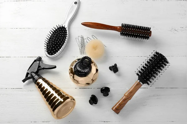 Professional Hairdresser Set Wooden Background — Stock Photo, Image