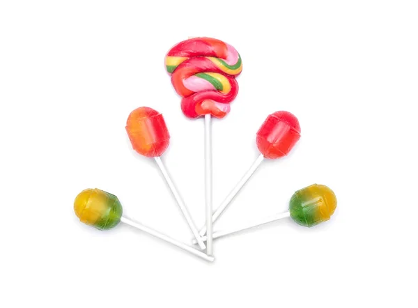 Tasty Colorful Lollipops White Background Flat Lay Stock Photo