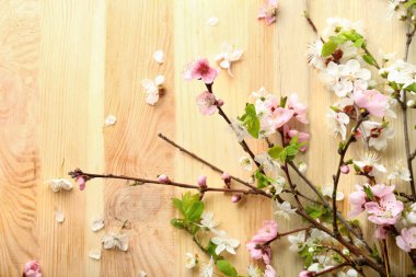 Ahşap arka planda çiçek açan güzel dallar.