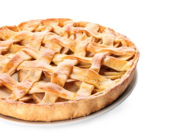 Beyaz arka planda, closeup lezzetli ev yapımı elma pasta