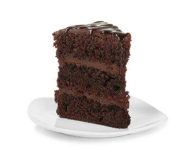 Beyaz zemin üzerine lezzetli çikolatalı kek parçası